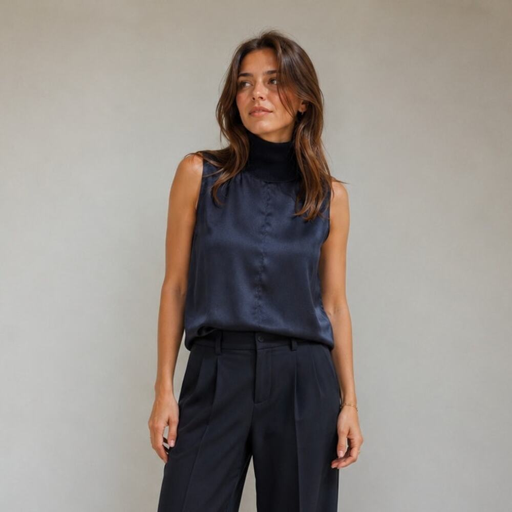 Rag & Bone Singer Satin Top Womens S Navy Blue Sleeveless High Mock Turtleneck